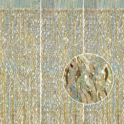 Champagne Gold Foil Fringe Backdrop - CYLMFC 3 Pack 3.3 ft x 6.6 ft Sparkle Tinsel Foil Fringe Backdrop Curtains for Birthday Anniversary Retirement Party Decorations - color: Champagne Gold
