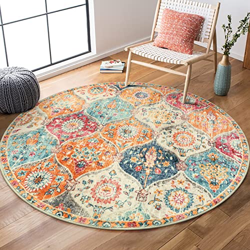 Lahome Moroccan Washable Circle Rug, Soft Small Round Rug 3ft Non-Slip - color: Burnt Orange/Teal Multi, size: 3' (Round)