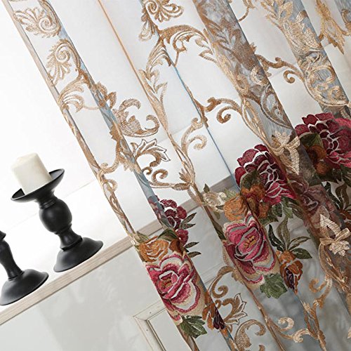 pureaqu Floral Embroidered Luxury Sheer Curtain 84 Inches Long Rod Pocket