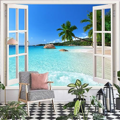 Leeisysme Beach Landscape Tapestry, Tropic Ocean Sea Island Palm Tree Seaside Tapestries for Living Room Summer Window Wall Hanging Teal Wave 36×48 Inch - color: Teal Wave, size: 48"L x 36"W