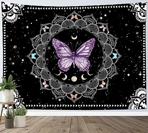 LB Purple Butterfly Mandala Tapestry Boho Floral Moon Phase Tapestry Wall Hanging Vintage Black Aesthetic Wall Art Decor for Bedroom Living Room Dorm 59Wx51L Inches - color: Purple, size: 51"L x 59"W
