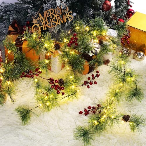 Christmas Garland with Lights, 6 FT Battery Operated Garland with 60 LED Lights, Timer, Lighted Garland with Berries Pine Cones for Mantle Stairs Railing Home Xmas Decoration Indoor