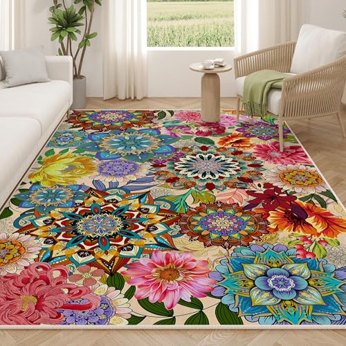 Boho Floral Rug for Living Room 5'x7', Non-Slip Machine Washable Farmhouse Floor Carpet Colorful Flowers Area Rugs for Bedroom Dining Room Boho Home Decor Aesthentic - color: Boho Floral, size: 5' x 7'