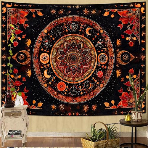 Lunerfex Mandala Moon and Stars Tapestry Boho Tapestry for Bedroom Black and Orange Tapestries Wall Hanging Living Room Wall Art and Home Decor 44x60 - color: Red, size: 60"L x 44"W