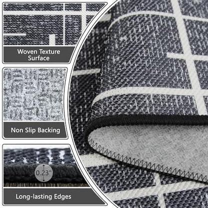 Modern Kitchen Runner Rug Non Slip 2.6x8, Washable Distressed Stripe, Hallway Runner, Woven Thin Low Pile Carpet Runners for Hallway 8ft Entryway, Kitchen, Walkway- Midnight Black - color: Striped-black/White, size: 2'7" x 8' (Runner)