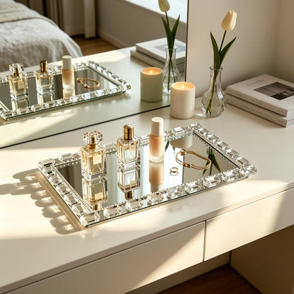 Crystal Mirror Perfume Tray, 11.8" x 7.9" Rectangle Glass Trays - color: Silver C