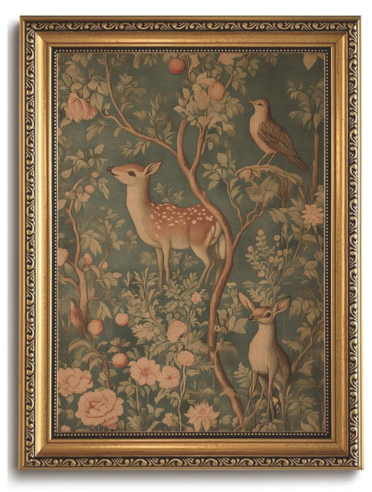 Vintage Woodland Deer Gold Framed Wall Art 12x16 | Rustic Cottagecore Wall Decor, Woodland Deer Canvas Print, Perched Bird Forest Picture - color: Deer forest tapestry, size: 16"L x 12"W