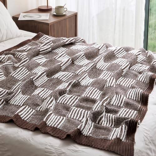 Amélie Home Checkered Knit Throw Blanket for Bed, Mocha Brown 60"x80" - color: Checkered Mocha Brown, size: 60" X 80"