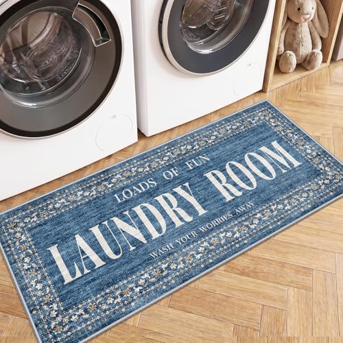Laundry Room Rug Runner 20"x48": Non-Slip Farmhouse Laundry Room Floor Mat - Washable Stain Resistant Durable Runner Rug - Low-Pile Light Weight Soft Carpet for Pets & Kids Family 1.7x4ft Blue - color: Blue, size: 1'8" x 4' (Rectangular)