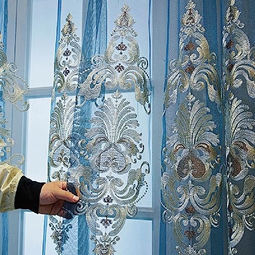 Amidoudou 1 Pair European Jacquard Sheer Curtains Embroidered Tulle Curtains Living Room Bedroom Luxury Translucent Curtains (Blue,51x84 Inch) - color: Blue, size: 51"W x 84"L (Pack of 2)