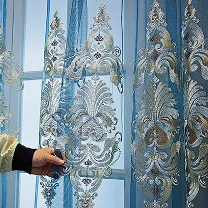 Amidoudou 1 Pair European Jacquard Sheer Curtains Embroidered Tulle Curtains Living Room Bedroom Luxury Translucent Curtains (Blue,51x84 Inch) - color: Blue, size: 51"W x 84"L (Pack of 2)