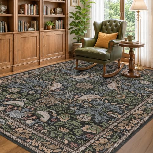 Hazo Haus Vintage Floral Area Rug 5x7 for Living Room - Dark Green Forest Bird Rugs for Bedroom, Dining Room, Office, Non Slip Stain Resistant Low Pile - color: Dark Green / Brown, size: 5' x 7' (Rectangular)