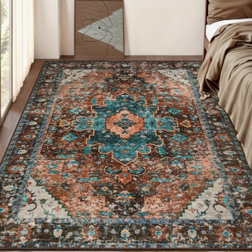 Ciicool Washable 4x6ft Area Rug,Boho Soft Non-Slip for Kitchen Entryway - color: Brick Red/Dull Teal, size: 4' x 6' (Rectangular)