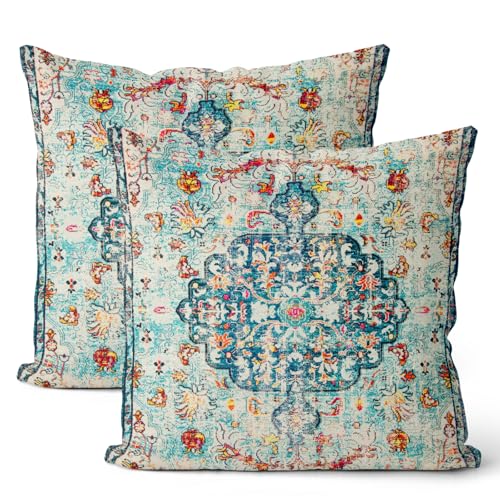 Boho Pillow Covers 18x18 Set of 2, Carpet Pattern Teal Orange Decorative Throw Pillows Farmhouse Bohemian Cushion Pillow Covers for Sofa Couch Outdoor Decor - color: Boho-22, size: 18" x 18" (Pack of 2)