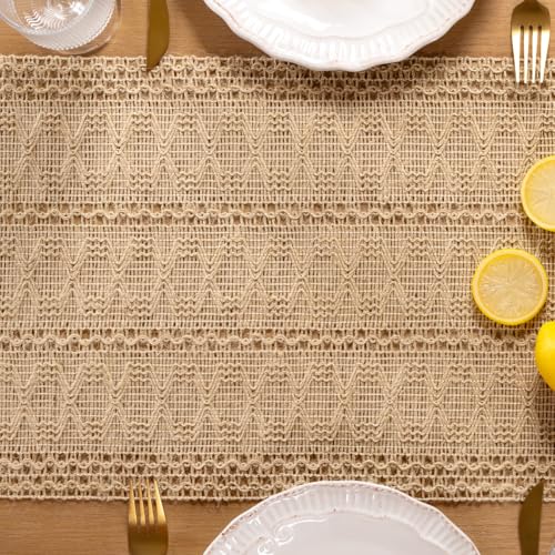 Boho Macrame Table Runner Jute Burlap Small Dresser Runner - color: Burlap Brown, size: 12" × 90"