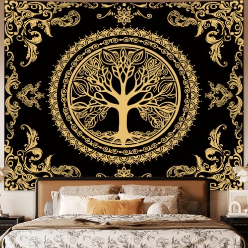Black Golden Boho Tapestry for Bedroom, Hippie Tree of Life Wall Tapestries - color: H - Black Golden Tapestry, size: 60"L x 51"W