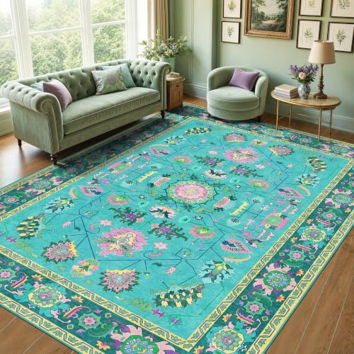 8x10 Vintage Botanical Turquoise Pink Oriental Washable Rug Living Room - color: Turquoise/Teal/Peony Pink/Yellow, size: 8' x 10' (Rectangular)