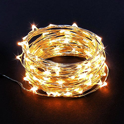 100 LED String Lights, 32 Feet, Silver Wire, Warm White, Plug-in, Indoor-Outdoor, 5V DC Transformer - color: Warm White