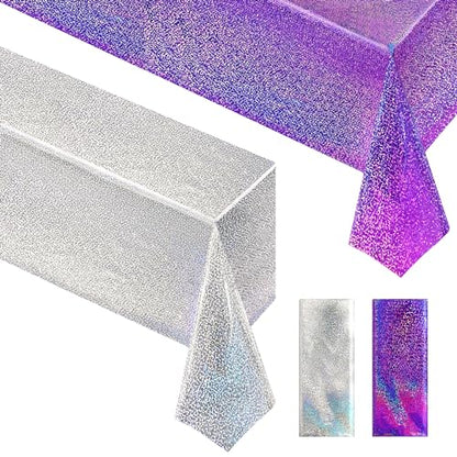 Purple & Silver Holographic Laser Tablecloth 40" x 108" Iridescence Shiny Birthday Party Table Cloth Plastic Table Cover For Halloween Event Wedding Anniversary Bridal 16th 18th 21th Party Supplies - color: Purple & Silver