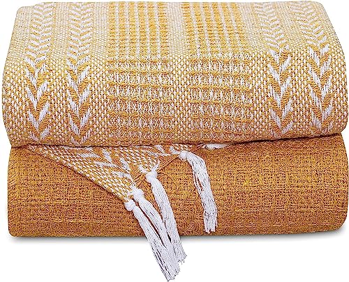 Cotton Throw Blanket - Rustic Ottoman Throw - Batik Chair Blanket Throw - Striped Throw Blanket with Fringe - Picnic Throw 50"x60" - Set of Two (Mustard) - color: Herringbone Mustard