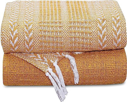 Cotton Throw Blanket - Rustic Ottoman Throw - Batik Chair Blanket Throw - Striped Throw Blanket with Fringe - Picnic Throw 50"x60" - Set of Two (Mustard) - color: Herringbone Mustard