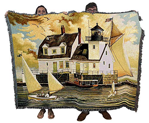 Pure Country Weavers Rockland Breakwater Light Blanket by Charles Wysocki - Early America Coastal Ocean Beach Gift Tapestry Throw Woven from Cotton - Made in the USA (72x54) - color: Rockland Breakwater