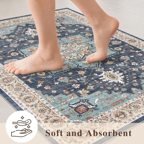 Small 4ft Round Rug: Washable Circle Rug 4ft with Non Slip Backing Playroom - color: Blue/Teal/Orange, size: 4' (Round)