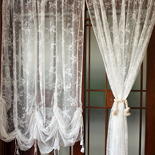 FADFAY Elegant White Lace Embroidered Sheer Balloon Curtains, Adjustable Tie-Up Curtain, 1 Panel Floral Tulle Curtains for Windows-78''*78'' - size: 78"W x 78"L (Pack of 1)