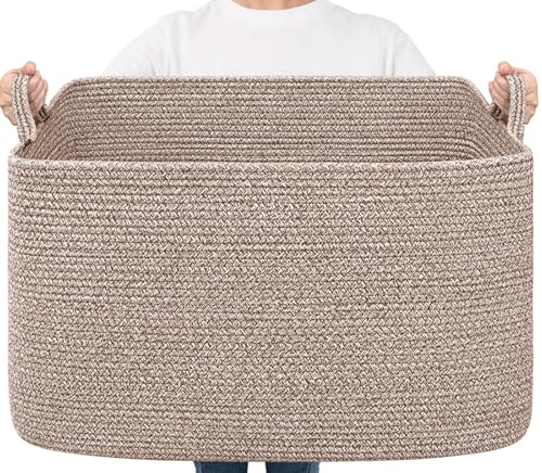 Goodpick 85L Large Woven Rope Blanket Basket, Rectangle, Brown - color: Brown, size: X-Large(23.6"L x 15.7"W x 13.8"H)
