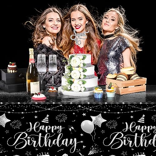 Tudomro 3 Pcs Plastic Happy Birthday Party Tablecloths,Black Silver - color: Black Silver