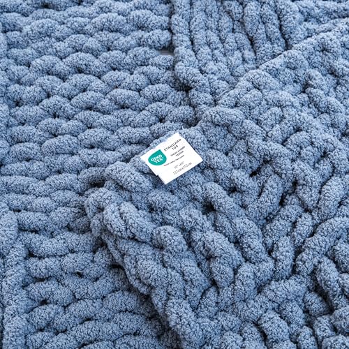 WESHIONGOO Chunky Knit Blanket Throw 50"×60" Knitted Throw Blankets for Couch Bed Fluffy Soft Blanket with Jumbo Chenille Yarn Thick 100% Handmade (Dusty Blue) - color: Dusty Blue, size: 50"x60"