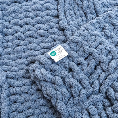 WESHIONGOO Chunky Knit Blanket Throw 50"×60" Knitted Throw Blankets for Couch Bed Fluffy Soft Blanket with Jumbo Chenille Yarn Thick 100% Handmade (Dusty Blue) - color: Dusty Blue, size: 50"x60"