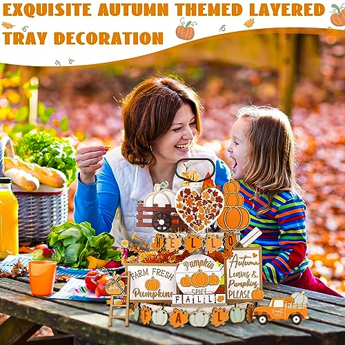 Maitys 23 Pcs Fall Tiered Tray Decor, Pumpkin Maple Leaf Truck Wooden Sign