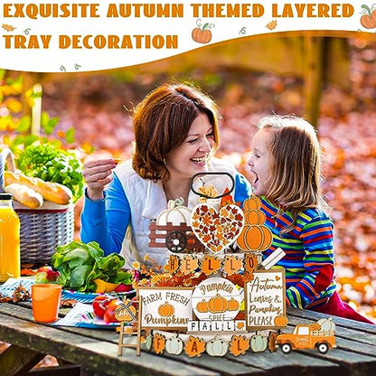 Maitys 23 Pcs Fall Tiered Tray Decor, Pumpkin Maple Leaf Truck Wooden Sign