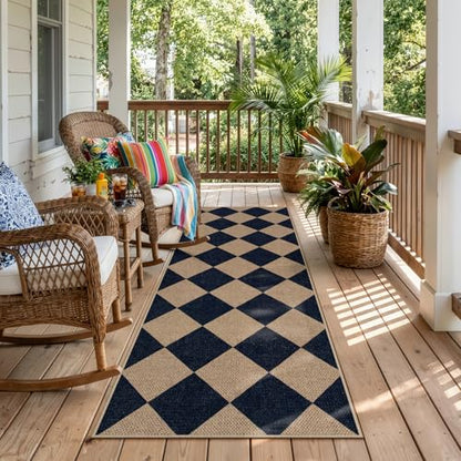 Lahome Checkered Easy Jute Outdoor Runner Rug, 2x6 Kitchen Rugs Washable - color: Nature and Black/Checkerboard -2, size: 2' x 6' (Runner)