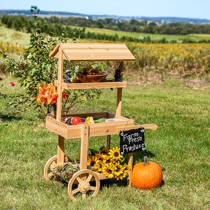 Sunnydaze Flower Cart Display Stand with Wheels, Fir Wood, 49” H, Natural - color: Natural