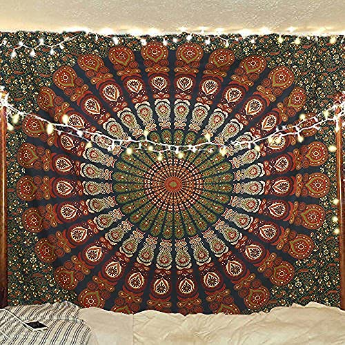 Bless International-Organic-Cotton-Golden-Green-Handmade-Mandala-Tapestry - color: Golden Green, size: 90"L x 84"W