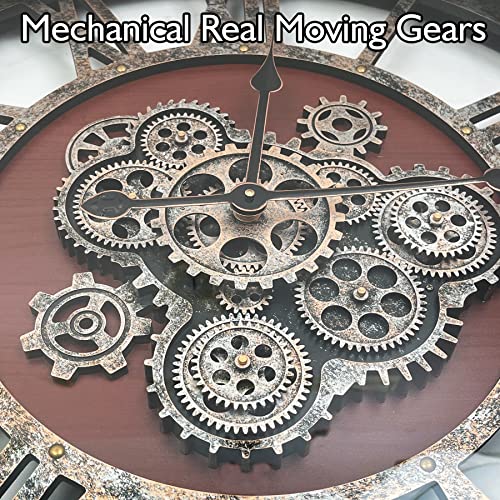 27" Original Moving Gears Wall Clock, Large Industrial Wall Clock for Living Room Decor, Retro Metal Solid Wood Vintage Farmhouse Steampunk Rustic Clocks for Wall Decor,Black Walnut - color: Black Walnut, size: 68cm / 27 inch