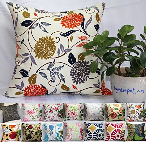 TangDepot Set of 2 100% Cotton Floral/Flower Printcloth Decorative Throw Pillow Covers Cushion Covers - (16"x16" 2 Pieces, S07 Chrysanthemum) | 100% cotton floral cover, hidden zip, machine wash & air dry, indoor/outdoor. Many colors/sizes. Cover only.