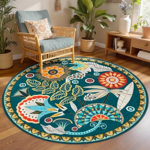 Joydeco Egypt Floral 5FT Round Rug, Washable Circle Bedroom Playroom Rug - color: Dark Green, size: 5' (Round)