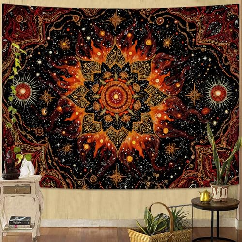 Spenlife Celestial Sunburst Tapestry, Fire Mandala Tapestries for Bedroom, Boho Wall Decor, Cosmic Tapestries (80" x 60") - color: Black Orange, size: 80"L x 60"W