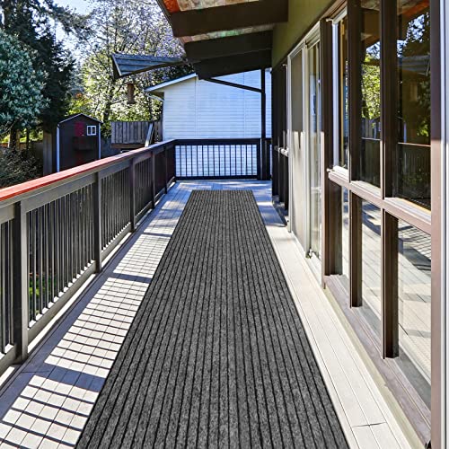 Runner Rug 2 ft x 8 ft Indoor/Outdoor Low Profile, Hallway, Kitchen, Patio, Deck Area, RV, Entryway, Garage, with Non-Slip Rubber Backing, Gray with Black Stripe, Custom - color: Stripe-gray, size: 2 ft x 8 ft