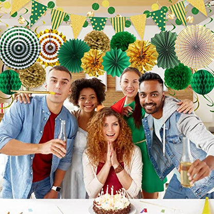 24 Pcs Green Gold Party Decorations, Paper Fans Banner and Swirls - color: Green