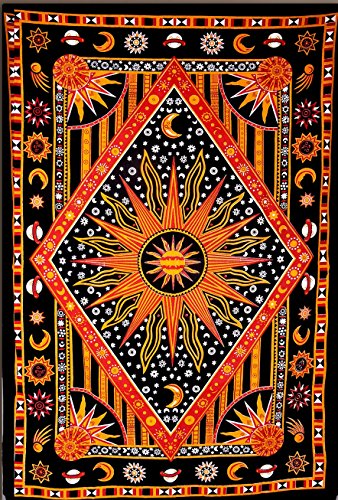 ModTradIndia - Celestial Sun Moon Stars Planet Tapestry, Indian Hippie Wall Hanging, Bohemian Bedspread, Mandala Cotton Dorm Decor Beach blanket - color: Orange, Black, Yellow, size: 85"L x 55.9"W