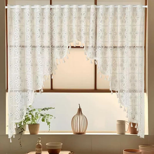Boho Crochet Swag Curtain Valance with Tassels, Lace Floral Embroidered Semi Sheer Kitchen Valance Rod Pocket Vintage Window Treatments for Living Room Farmhouse Bathroom(Beige, W59 X L39) - color: Beige