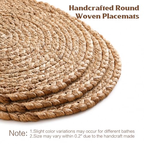 Aofmee 13.8 inch Round Woven Placemats Set of 6, Boho Rattan Place Mats, Natural Water Hyacinth Table Placemats, Farmhouse Weave Table Mats, Rustic Braided Wicker Charger Plates for Dining Table Decor - size: 13.8 Inch Set of 6