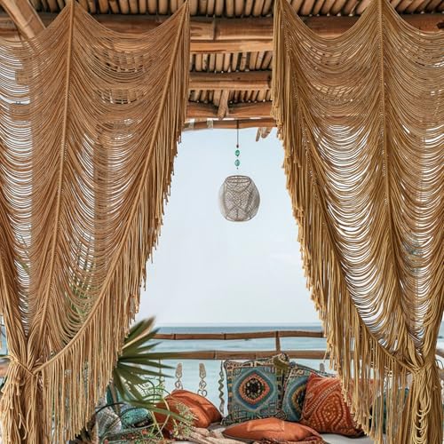 Macrame Curtain Handmade Khaki Boho Doorway window Curtain Room 41"W*75"L - color: Khaki1