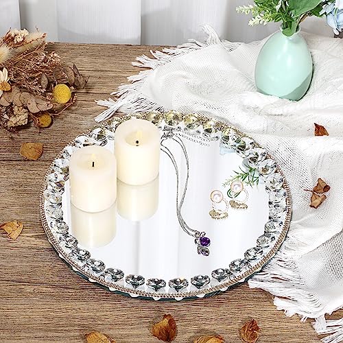 Hipiwe Mirror Glass Vanity Tray Sparkling Crystal Perfume Tray Round Decorative Tray Gorgeous Makeup Organizer Tray Jewelry Trinket Tray for Bathroom Dresser Table, 10.6 inch