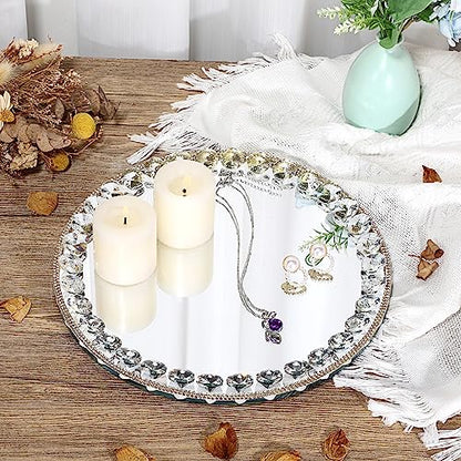 Hipiwe Mirror Glass Vanity Tray Sparkling Crystal Perfume Tray Round Decorative Tray Gorgeous Makeup Organizer Tray Jewelry Trinket Tray for Bathroom Dresser Table, 10.6 inch