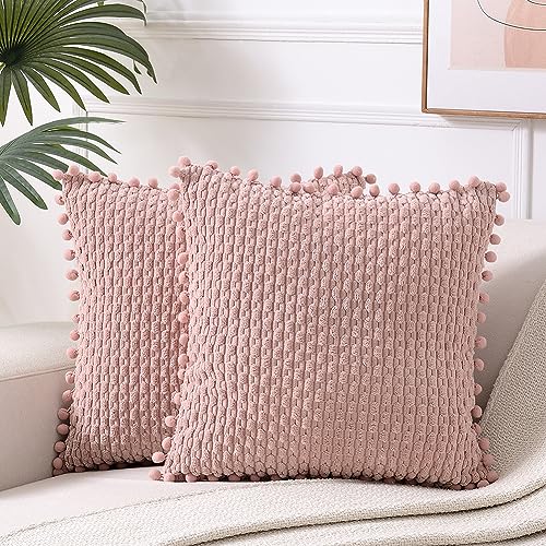 Fancy Homi 2 Packs Dusty Pink Decorative Throw Pillow Covers 16x16 Inch with Pom-poms for Couch Bed Sofa, Modern Farmhouse Boho Home Decor, Soft Cute Plush Corduroy Blush Cushion Case 40x40 CM - color: Dusty Pink, size: 16" x 16" (Pack of 2)